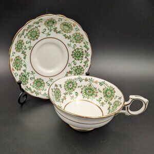 Vintage Hammersley Green Floral and Gold Bone China Tea Cup and Saucer Set